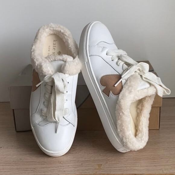 Kate Spade Fez Mule Faux Fur Wht Large Logo Leather Slip On Shoes Women- SZ 8.5 - Picture 1 of 9